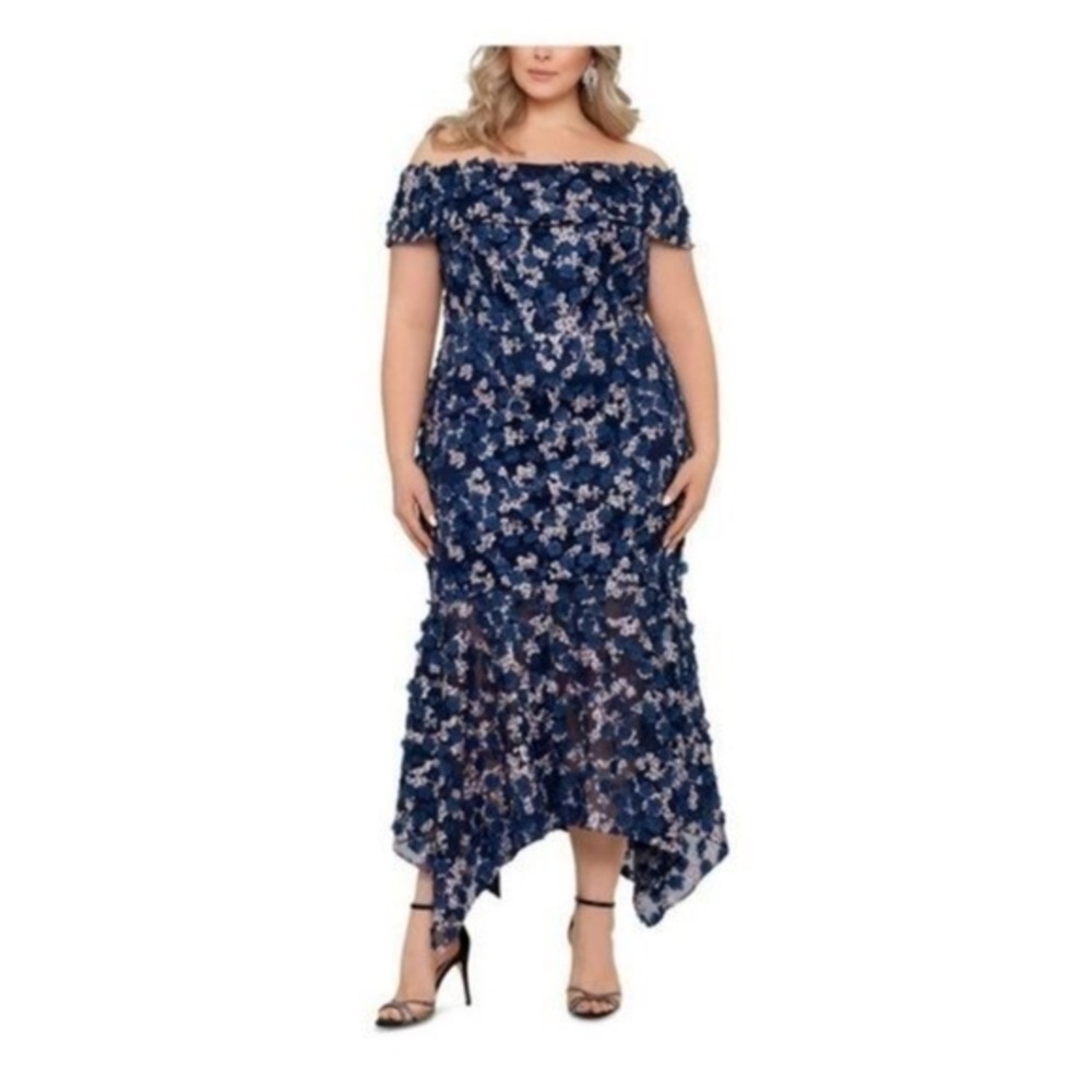 Xscape Plus Embroidered 3D Flower Off the Shoulder Flounce Dress in Blue Multi